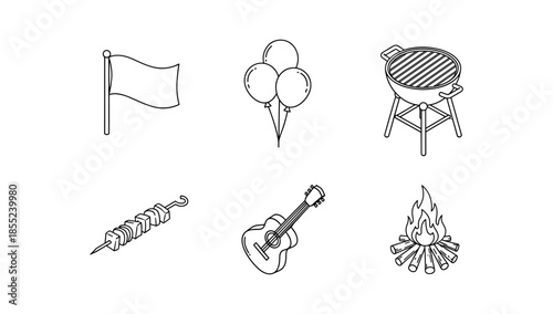 Outdoor leisure icons: outline style with grilling, camping, music, and celebration