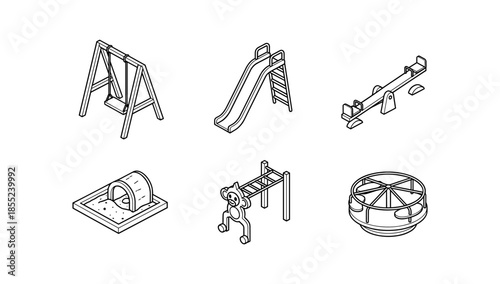 Linear playground equipment set with swings, slide, seesaw, sandbox, monkey bars, and carousel