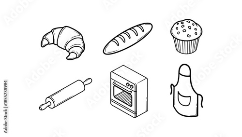 Baking essentials: outline icons of bread, croissant, muffin, and kitchen tools