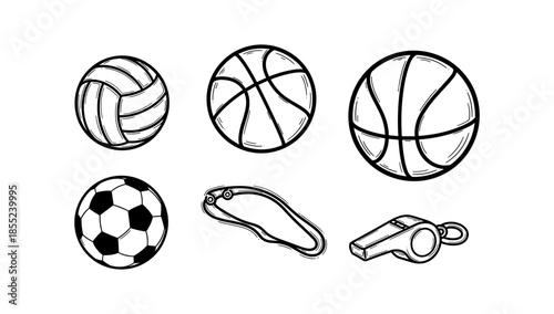 Black and white outline of sports equipment including balls and whistle