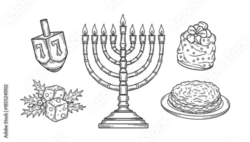 Hanukkah celebration elements: menorah, dreidel, and traditional foods in sketch style