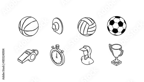 Collection of outline sports icons: basketball, soccer, volleyball, trophy, stopwatch, whistle, cap