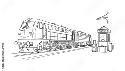 Detailed linear drawing of a train station with luggage and ticket booth