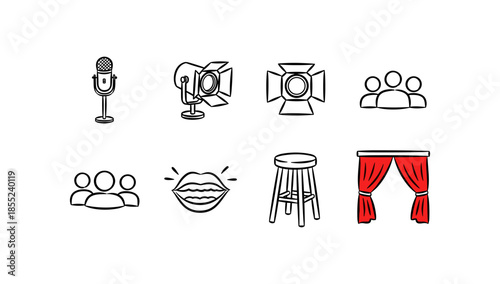 Minimalist theater icons: microphone, curtain, spotlight, audience, lips, stool