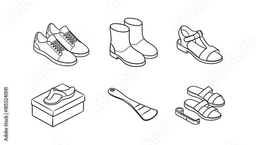 Outline footwear collection: sneakers, boots, sandals, brush, box, tape