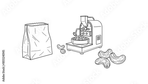 Nut milling machine with cashews and paper bag in outline style