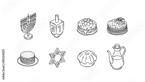 Hanukkah symbols and food in black and white line art