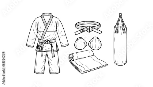 Martial arts gear outline: uniform, belt, gloves, mat, and punching bag
