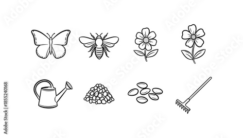 Gardening and nature icons in simple line art style