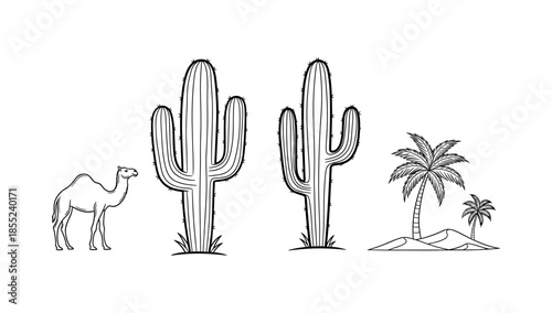 Desert scene with camels, cacti, and palm trees in linear black and white design