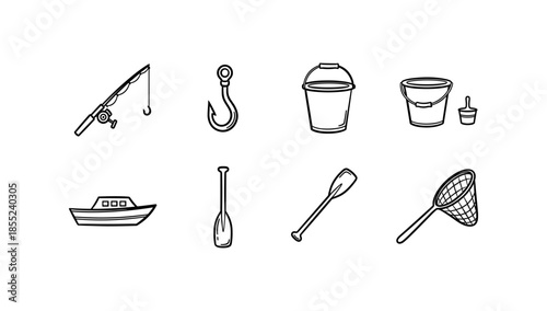 Fishing equipment set in minimalist outline style for outdoor adventure