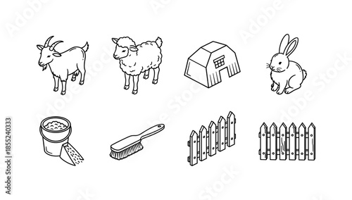 Black and white farm animal outline set with tools and structures