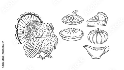 Thanksgiving feast: turkey and traditional holiday dishes in black and white