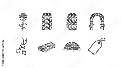 Garden elements: rose, trellis, arch, shears, firewood, mulch, tag in linear style