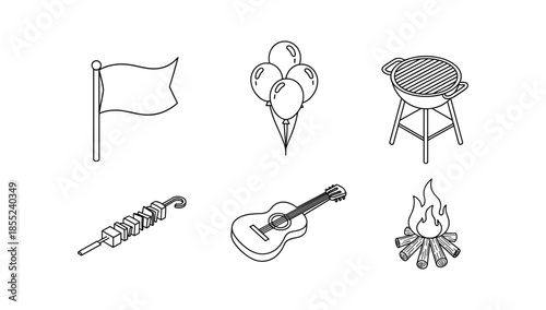 Summer celebration icons: bbq, flags, fire, balloons, and music instruments in line art style