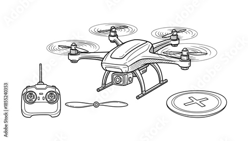 Detailed line art of drone with camera, remote control, and landing pad