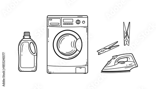 Laundry essentials: washing machine, detergent, iron, and clothespins in black and white line art
