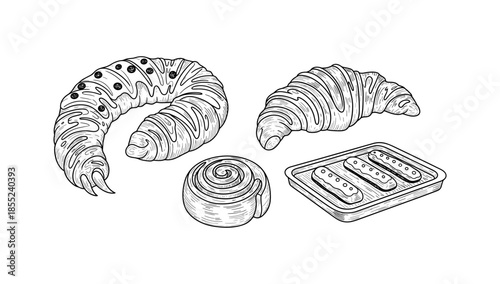 Hand drawn bakery pastries: croissant, cinnamon roll, biscuit, and more in black and white