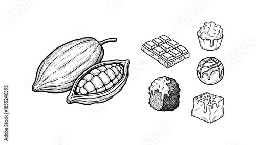 Hand drawn cocoa beans and chocolate treats collection in black and white
