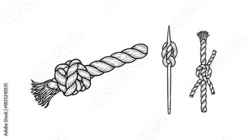 Intricate knot designs with rope and needle in vintage sketch style