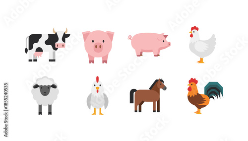 Flat style farm animals set: cow, pig, chicken, sheep, horse, rooster