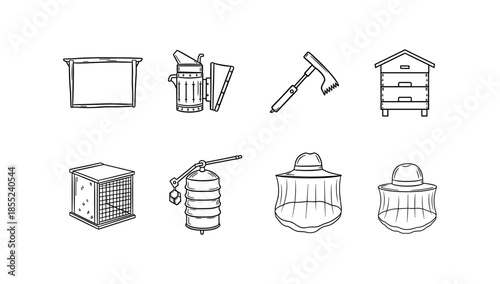 Collection of beekeeping tools and equipment in linear style