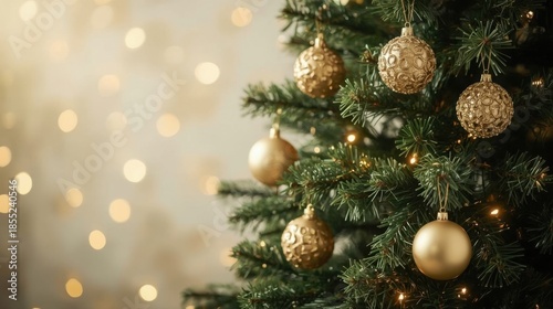 A majestic christmas tree stands tall with intricate gold ornaments and warm lights on a softly blurred background with bokeh effect