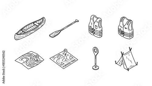 Outdoor adventure essentials: canoeing and camping icons collection