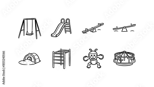 Playground icons: swing, slide, seesaw, sandbox, jungle gym, carousel