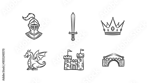 Medieval icons set: knight, sword, crown, dragon, castle, bridge in black and white line art
