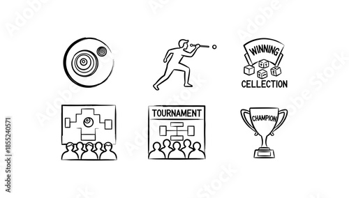 Darts competition icons: champion trophy, tournament bracket, winning collection