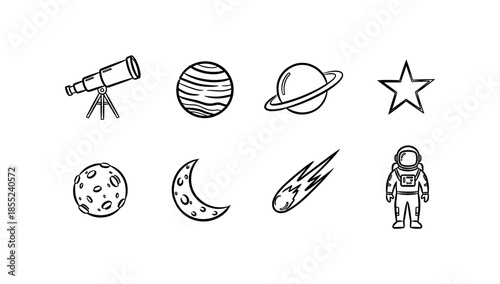 Space exploration icons set: telescope, planets, astronaut, moon, star
