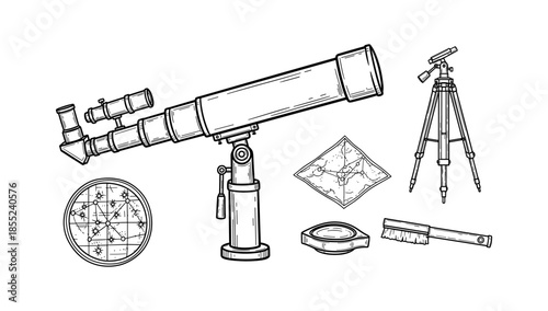 Vintage astronomy tools: telescope, star map, and accessories in hand drawn style
