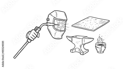Hand drawn blacksmith tools: welding mask, anvil, forge, and fire