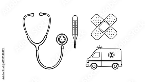 Medical essentials in outline: stethoscope, thermometer, bandages, ambulance
