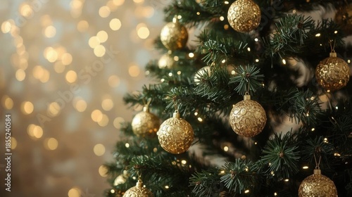 Majestic christmas tree adorned with gold ornaments and warm lights, set against a softly blurred background with bokeh effect, evoking a festive holiday atmosphere