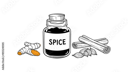 Hand-drawn spice jar with cinnamon sticks, cardamom, and turmeric root