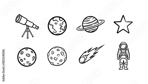 Hand-drawn space icons featuring telescopes, planets, stars, and astronaut in black and white style