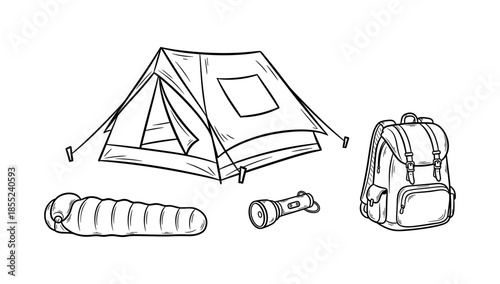 Outdoor adventure essentials: tent, sleeping bag, backpack, and flashlight line art
