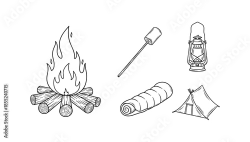 Camping essentials: fire, tent, sleeping bag, lantern, marshmallow in hand-drawn style