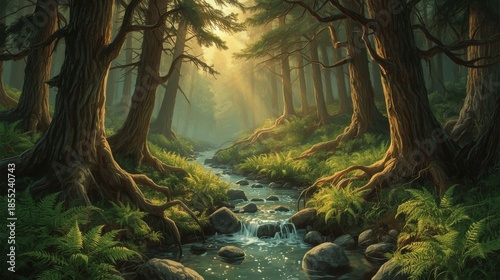 A mystical dreamy forest at sunrise with a serene stream flowing through lush greenery and tall trees with mossy roots and rocks in a tranquil natural landscape
