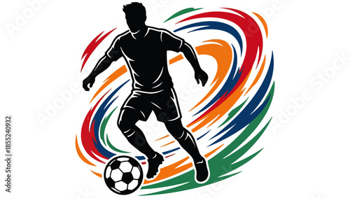 Stylized Soccer Player Illustration with Vibrant Motion Effects, soccer player illustration, soccer vector art, soccer silhouette, black and white soccer ball, dribbling player, sports illustration,