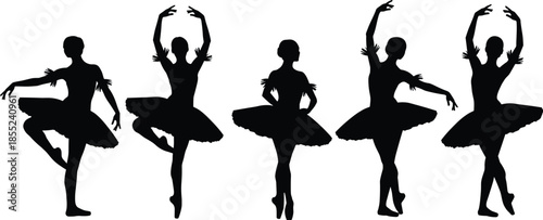 Ballet dancer silhouettes performing classical dance poses, graceful movement art, professional ballerina elegance, stage performance isolated on white background