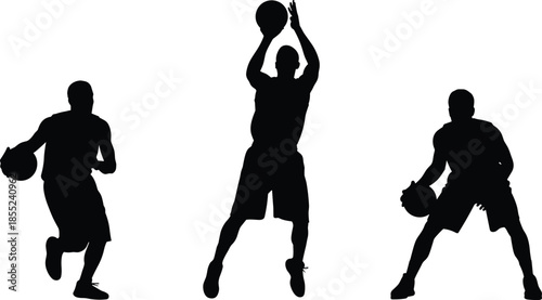 Basketball player silhouettes performing dribbling and shooting actions, sport activity concept, dynamic athletic motion, isolated on white background
