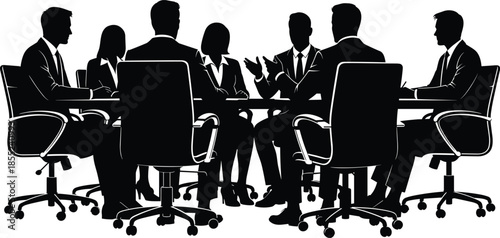 Business people silhouettes sitting in meeting, corporate boardroom discussion concept, professional teamwork collaboration, leadership strategy isolated on white background