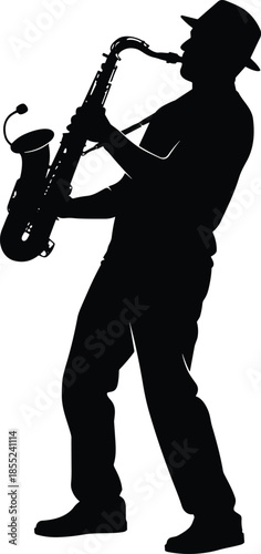 Saxophone player silhouette performing live music, jazz musician concert concept, soulful instrumental performance, artistic sound isolated on white background