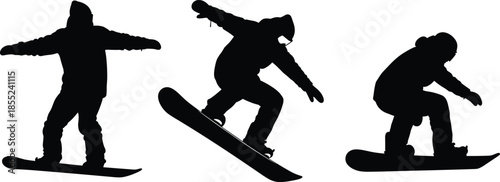 Snowboarder silhouettes performing winter sport tricks, extreme snowboarding action concept, athletic outdoor adventure, dynamic motion isolated on white background