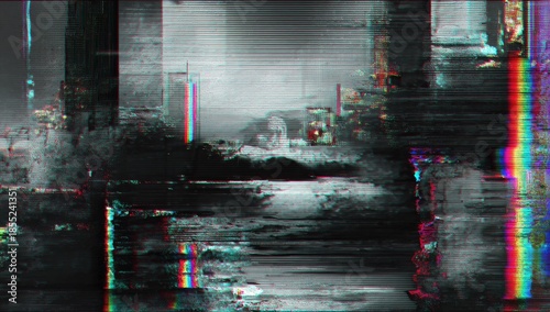 Distorted digital landscape with glitch effects creating abstract shapes and color distortions, cinematic