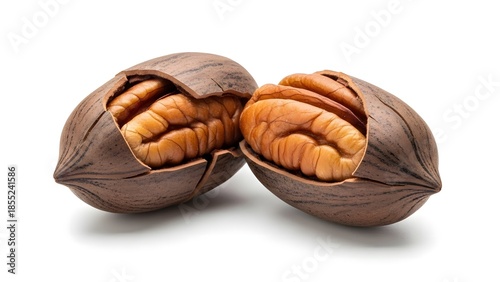 Close-up shot of two shelled pecans on a table, ready for snacking
