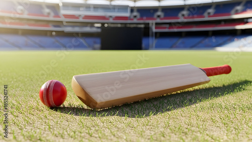 cricket bat and red cricket ball neatly placed on a cricket pitch, blurred stadium background
